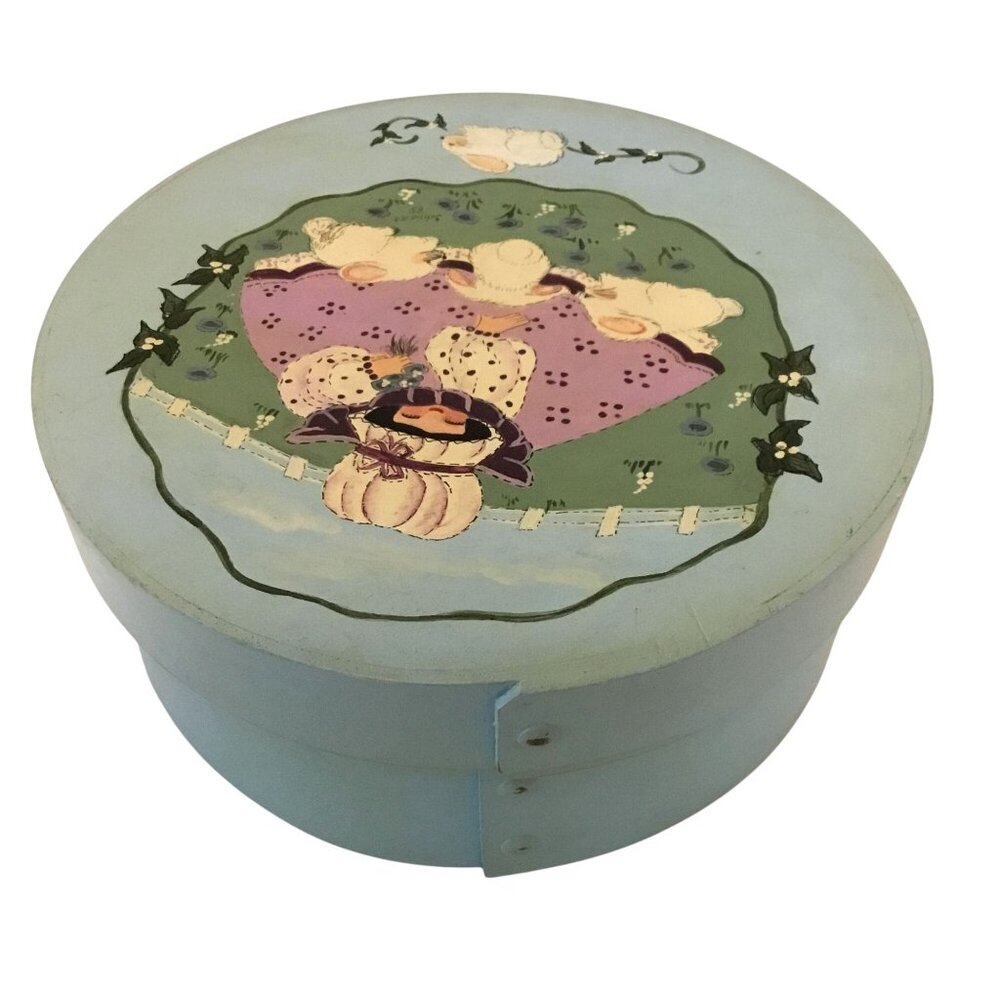 Hand-Painted 10" Bentwood Box Sheep Girl Folk Art Farmhouse Country Signed 1985